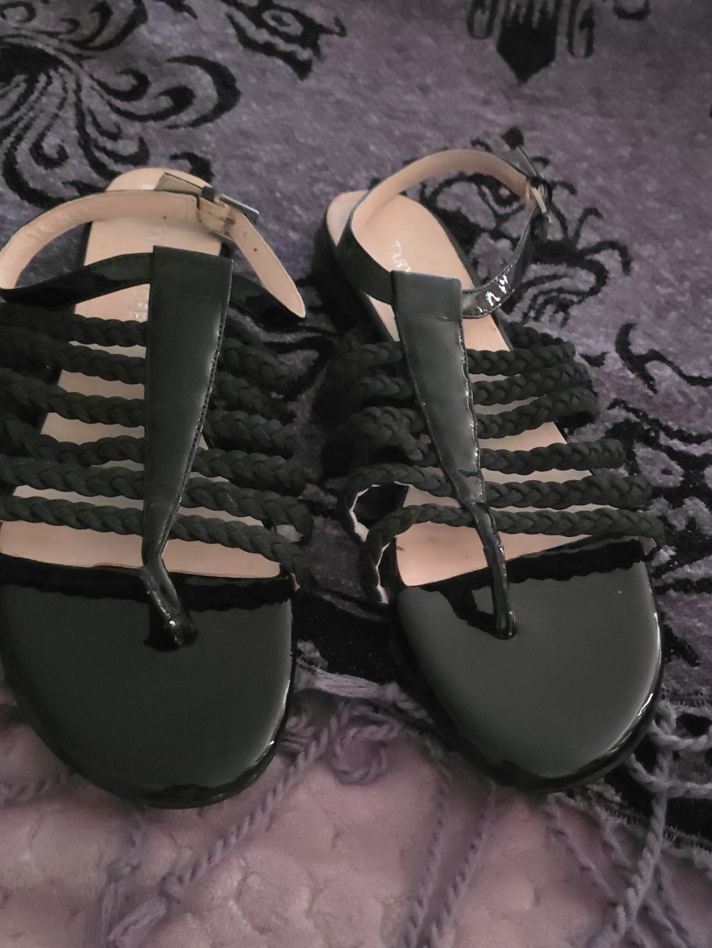 Taryn Rose Black Braided Strappy Patent Sandals